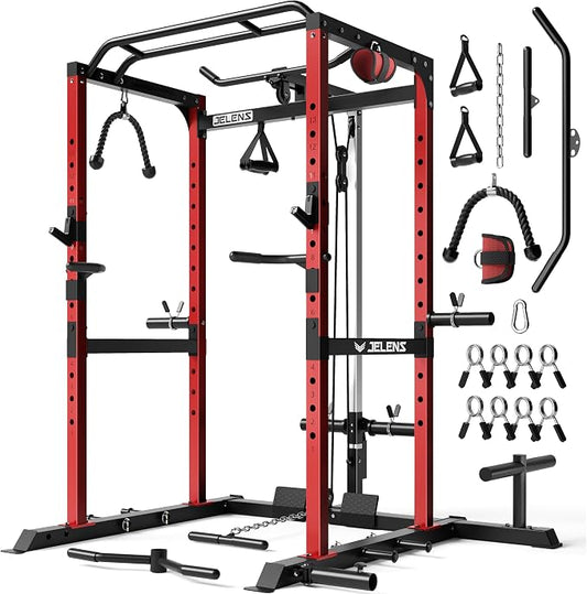 JELENS S21 Power Cage, Multi-Function Power Rack with Adjustable Cable Crossover System, 2000LBS Squat Rack for Home Gym with More Training Attachments