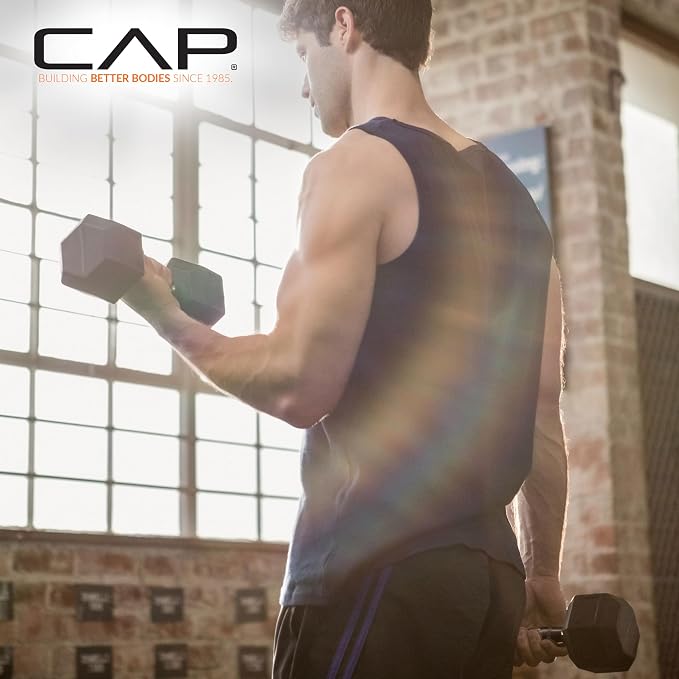 CAP Rubber Coated Dumbbell Weights, Free Weights for Home Gym Strength Training, Anti-Roll Hex Dumbbells with Black, Chrome & Comfort Grip Handles, Singles