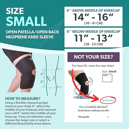 BraceAbility Open Patella/Open Back Neoprene Knee Sleeve | Water-Resistant Athletic Compression Knee Brace for Swimming, Wakeboarding, Scuba Diving, Surfing, Waterskiing and Other Sports (Small)