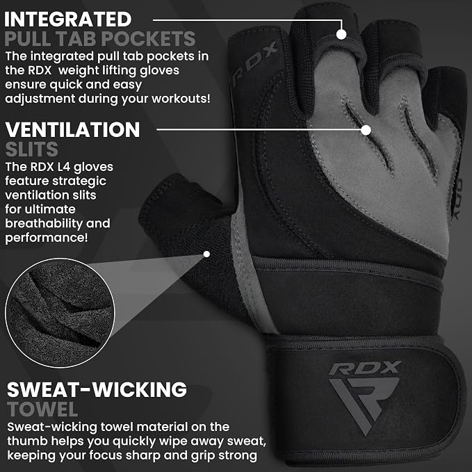 RDX Weight Lifting Workout Gloves with Wrist Support, 50 CM Long Wrist Straps, Anti Slip Padded Palm, Breathable Gym Grip for Fitness Training Powerlifting, Men Women Bodybuilding Exercise