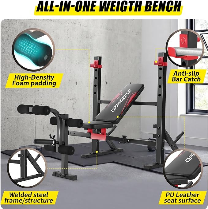 OPPSDECOR Adjustable Olympic Weight Bench with Rack & Leg Curl Sliding Seat | Fits Up to 6'4" 900LBS Heavy Duty Foldable Bench Press Set for Home Gym Flat Incline Decline Workout Bench for Tall People