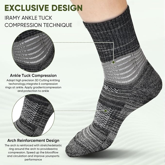 IRAMY Compression Ankle Support Crew Socks Men Women Wicking Plantar Fasciitis Relief Running Hiking Socks 3 Pairs