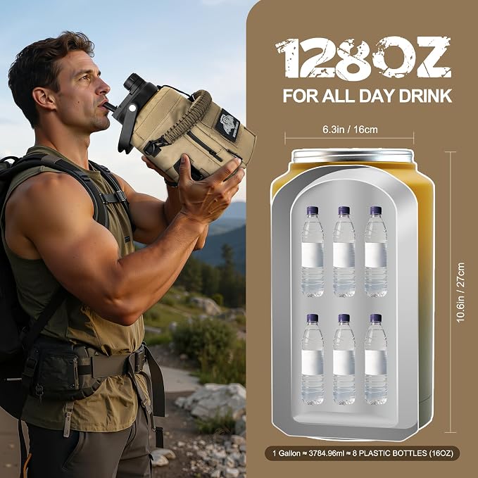 NATURE PIONEOR 128oz/1 Gallon Tactical Water Bottle with MOLLE Bottle Pouch | 18/8 Food-grade Stainless Steel, Double Vacuum Insulation, Wide-Mouth, Straw & Spout Lid, Strap, Camping, Hiking, Gym, Work