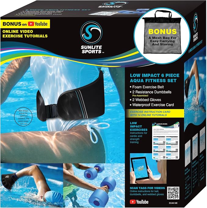 Sunlite Sports Water Workout Combo Set, High Density Water Weights for Pool Exercise, Dumbell, Swim Belt, Aerobics Equipment, Aqua Jogger Belt, Pool Fitness, Aqua Therapy & Exercise