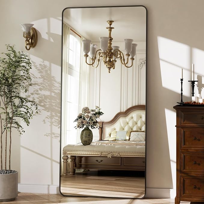 BEAUTYPEAK 76" x 34" Rounded Corner Full Length Mirror with Stand, Black | Aluminum Alloy Frame with Standing, Leaning, or Wall-Mounted, Ideal for Bedroom, Dressing Room, Entryway, and Living Room