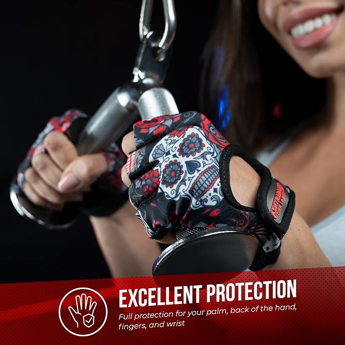Contraband Pink Label 5237 Womens Designer Workout Gloves | Sugar Skull Print w/Grip-Lock™ Padding (Red, Medium)