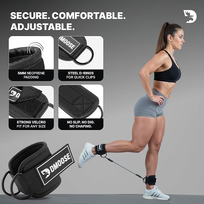 DMoose Ankle Strap for Cable Machine - One Size Fit with Premium Padding, Workout Kickback Ankle Cuffs, Ankle Bands for Working Out, Booty Workouts, Leg Extension, Hip Abductors & Lower Body Exercises