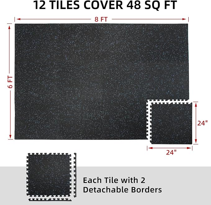 0.56in Thick 48 Sq Ft Exercise Equipment Mats, 12 Tiles Rubber Top EVA Foam Workout Mats, Interlocking Gym Flooring for Home Gym, 24 x 24in, Black & Blue