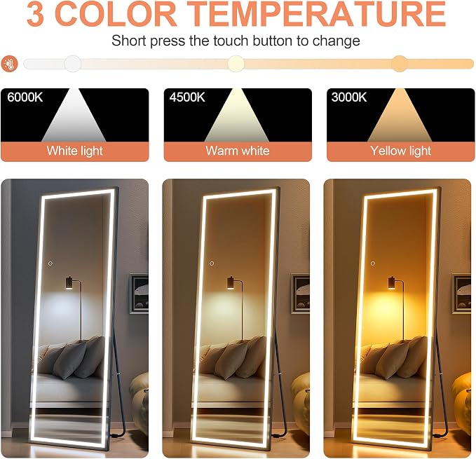 Full Length Mirror with Lights, 56" x 16" LED Lighted Floor Standing Body Mirror, Dimmable & 3 Color Lighting for Bedroom, Cloakroom, Dressing Room, Tempered Glass, Square Black