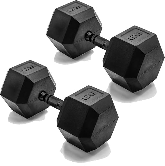 CAP Rubber Coated Dumbbell Weights, Free Weights for Home Gym Strength Training, Anti-Roll Hex Dumbbells with Black, Chrome & Comfort Grip Handles, Pairs & Sets