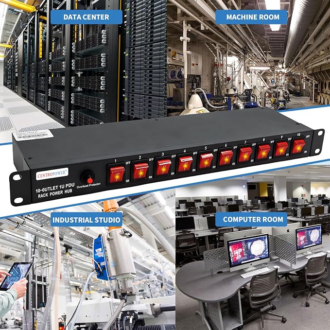 1U PDU Horizontal Rackmount Power Strip - Overload Protector | 10 NEMA 5-15R Outlet, 100V-240V/15A, 1800 Joules, 10 Independent LED Switches, 6 ft Cord