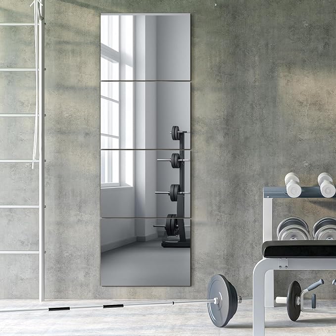 TRAHOME Wall Mirror Tiles, 16"x12"x4PCS Full Length Home Gym Mirror | HD Tempered Glass, Frameless Workout Mirror for Garage, Bedroom, Living Room, Over The Door