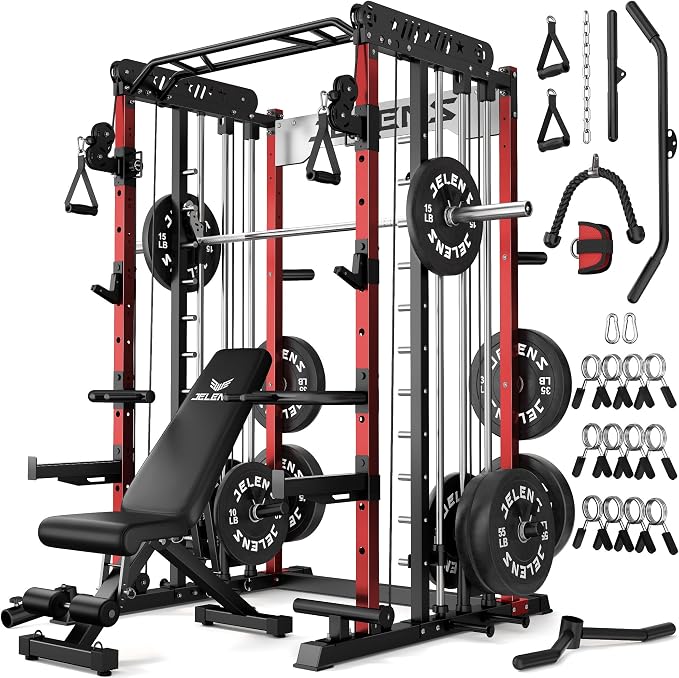 JELENS Smith Machine for Home Gym, Multi-Function M12 Power Cage with Cable Crossover System, Squat Rack with Smith Bar and More Attachment