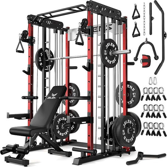 JELENS Smith Machine for Home Gym, Multi-Function M12 Power Cage with Cable Crossover System, Squat Rack with Smith Bar and More Attachment