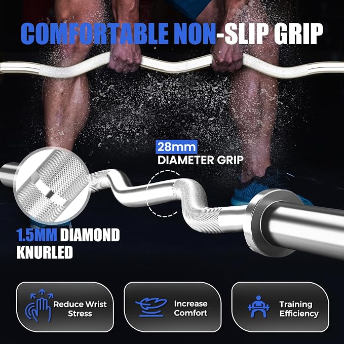 47” Solid Steel Olympic Curl Bars, 500LB | EZ and Super EZ curl bars with knurled grips, rotating sleeves, solid steel build, and 2-inch Olympic plate compatibility
