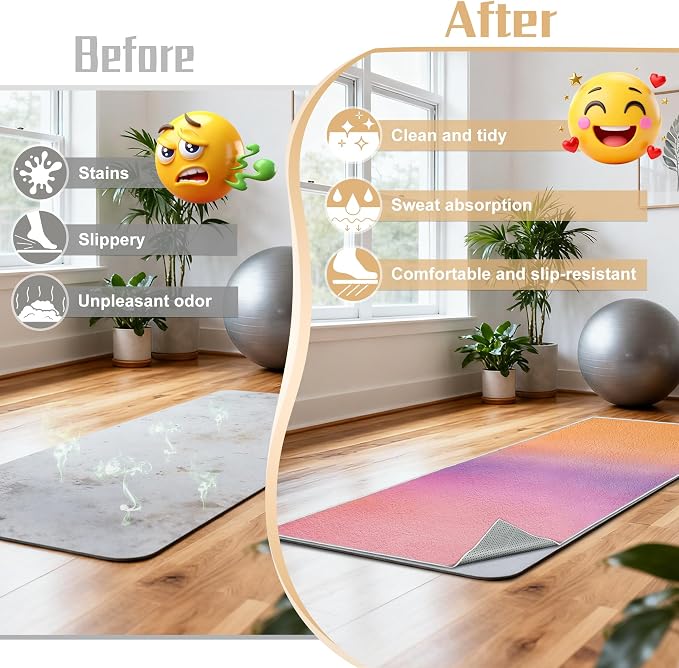 Yoga Mat Towel Non Slip Ultra-Absorbent Hot Yoga Towel, Super Stylish Printed Sweat Hot Yoga Towel, Ideal for Home, Workouts, Pilates, Yoga, 72 x 27in, Purple & Orange