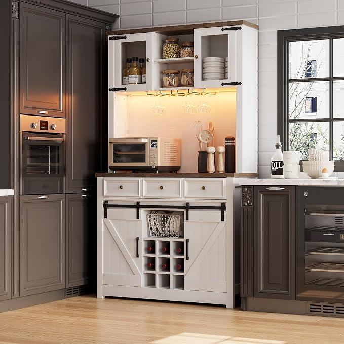 GarveeHome 72" Farmhouse Coffee Bar Cabinet with LED Lights & Power Outlets | Tall Kitchen Buffet Hutch with 3 Drawers & Wine Glass Rack, Sliding Barn Door, Ample Storage for Home Bar, White