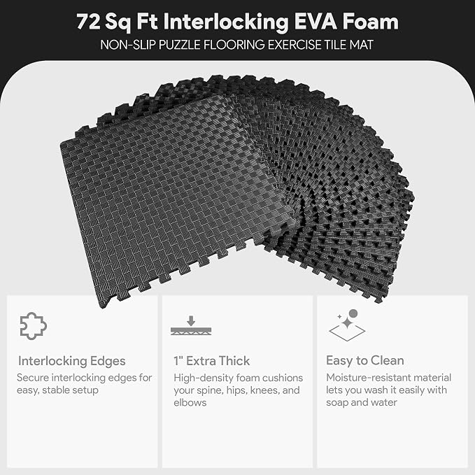 BalanceFrom Puzzle Exercise Mat 1-inch Thick, EVA Interlocking Foam Floor | Tiles for Home Gym, Mat for Home Workout Equipment, Floor Padding for Kids, Black, 24 in x 24 in x 1 in, 72 Sq Ft - 18 Tiles