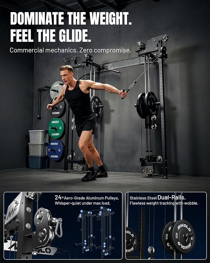 Mikolo Folding Squat Rack, Wall Mounted Power Rack with Cable Crossover Machine & LAT Pull Down, Functional Trainer with 5 Adjustable Function Modes, Home Gym Package