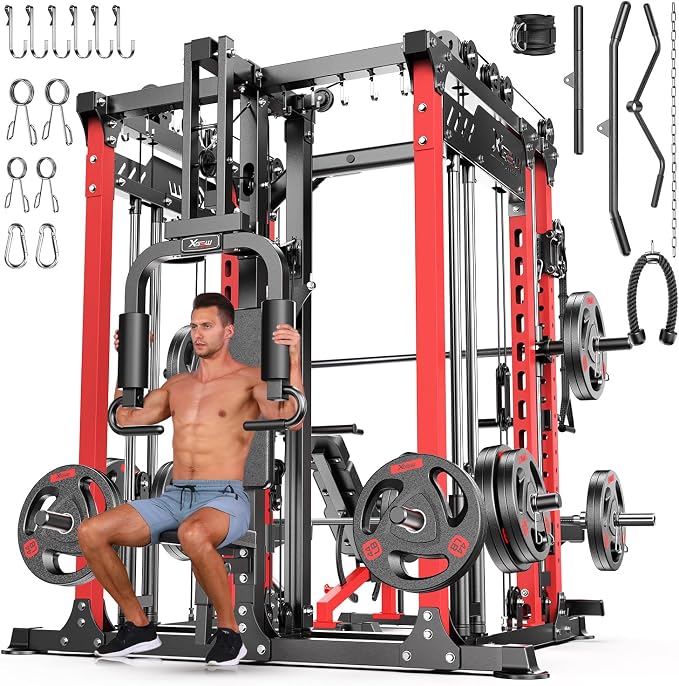 Smith Machine with Cable Crossover System, Multi-Function Power Cage Squat Rack for Home Gym, Power Rack and Packages Weight Sets.