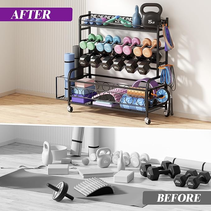 VOPEAK 3-Tier Dumbbell Rack with Wheels, Weight Rack for Home Gym Storage | Stores dumbbells, kettlebells & yoga mats. Lockable wheels for mobility. Sturdy steel frame, easy 15-min assembly