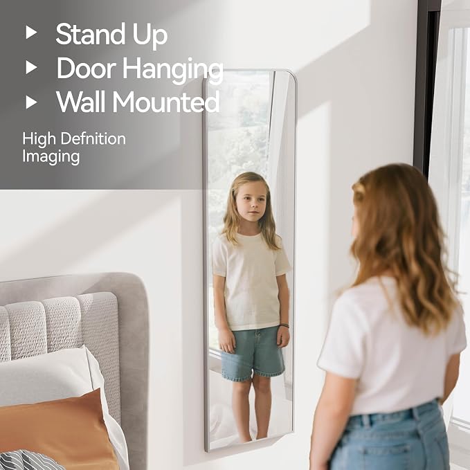 SCWF-GZ 57x16 Full Length Mirror Over The Door Hanging, Floor Stand/Wall Mounted Aluminum Alloy Frame Dressing Mirror for Bedroom Living Room 57 inch Silver