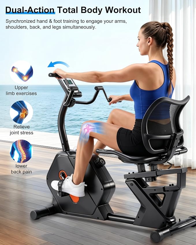 Kawnina Recumbent Exercise Bike for Home, Extra Wide Seat & Arm Exerciser | Ergonomic Back Support, Adjustable Rail, 16-Level Resistance, 420 lbs Capacity