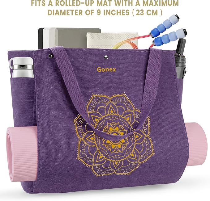 Gonex Yoga Mat Bag For Women Canvas Tote Pilates Gym Bag With Mat Carrier | Front-Opening Quick Access Mat Straps, Durable Cotton Canvas, Machine Washable, Bottle Holder Multi Pockets, Yoga Gym Travel