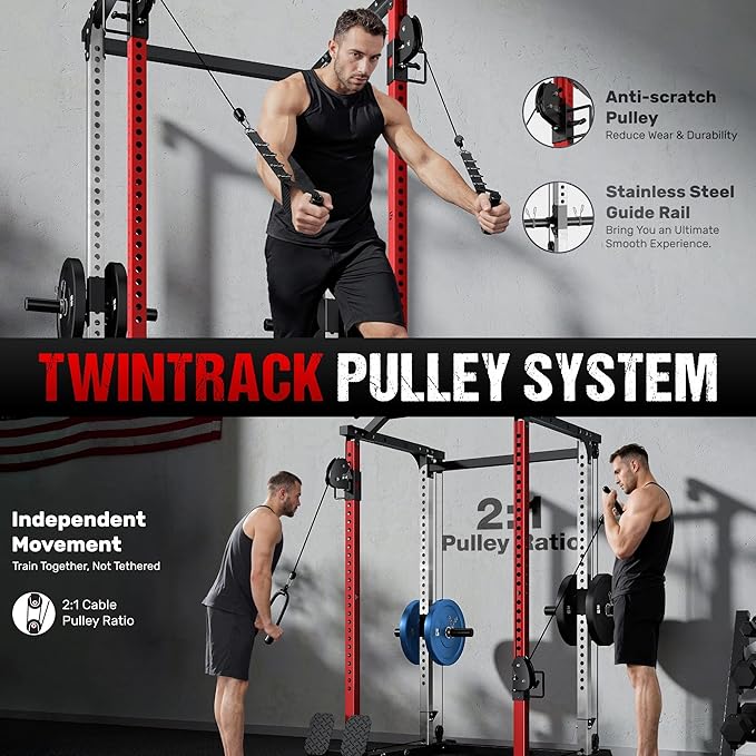 DP01 Power Cage, 2000LBS Squat Rack with Cable Crossover and Dual Independent Pulley System, Full Cage for Full Body Training, Power Rack with More Training Attachments for Home Gym