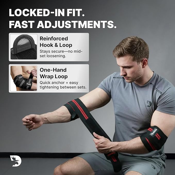 DMoose Fitness Elbow Wraps for Weightlifting (Pair) - 40'' Adjustable Strap for Gym Workout & Bench Press, Compression Elbow Sleeves for Tendonitis, Joint Support, Powerlifting & Deadlifts