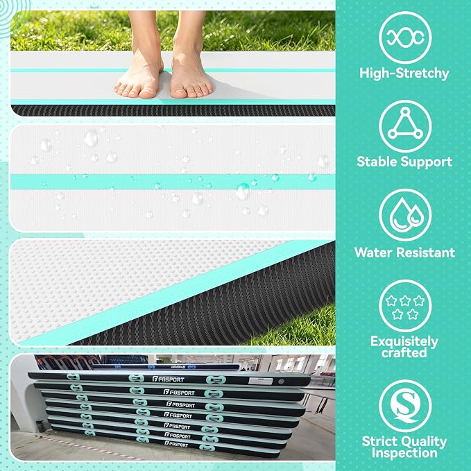 FBSPORT 6.6ft/10ft/13ft/16ft/20ft Inflatable Air Gymnastics Training Mat | 4/6/8 inches Thickness Inflatable Mat, with Electric Pump, Suitable for Home Training/Cheerleading/Yoga/Water