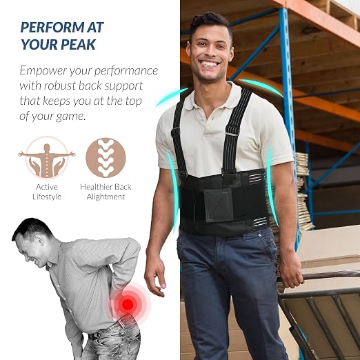 NeoTech Care Back Brace with Suspenders for Work - Industrial Lifting Safety, Elastic Compression, Hook & Loop Closure (Charcoal, Size M)