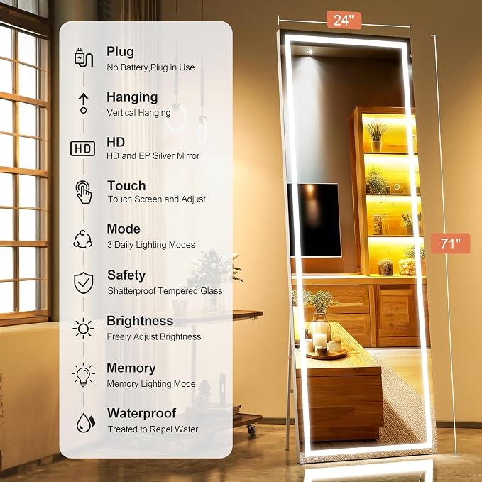 71" x 24" Full Length Mirror with Lights, LED Lighted Floor Standing Body Mirror, Dimmable & 3 Color Lighting for Bedroom, Cloakroom, Dressing Room, Tempered Glass, White Frame