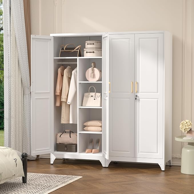 Polup 71" Tall Metal Armoire Wardrobe Closet with Doors and Lock | Wardrobe Cabinet, Hanging Rod, 3 Adjustable Shelves, Steel Clothing Storage Cabinet for Bedroom, Office, Employee, Gym, White