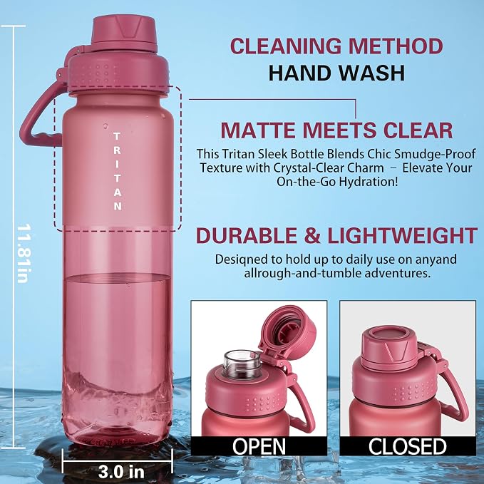 OLDLEY 32oz Water Bottle with Handle, BPA-Free Tritan Reusable Sports Water Bottle with Leak-Proof Dust Lid, Wide Mouth, Cup Holder Friendly, Half Frosted Clear Bottle for Gym,Travel, Work,Coral Pink