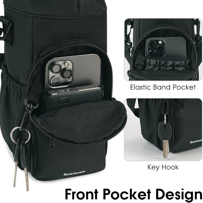 sportsnew 40oz Insulated Crossbody Water Bottle Bag Gym Hiking Phone Pocket | Water-resistant Lining, Padded Strap, Top Handle, Drawstring, Phone Pocket, Elastic Slots, Built-In Key Clip for Gym Walking