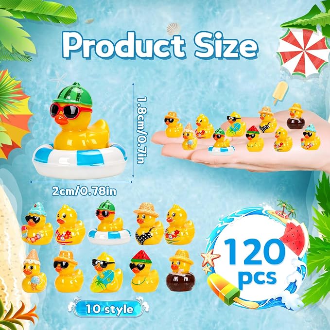 120 Pcs Summer Mini Resin Ducks 10 Beach Vacation Styles Tiny Cruise Ducks to Hide Miniature Hawaii Duck Figurines for Pool Party Favors DIY Crafts Cake Toppers Fairy Garden Aquarium Desk Decor