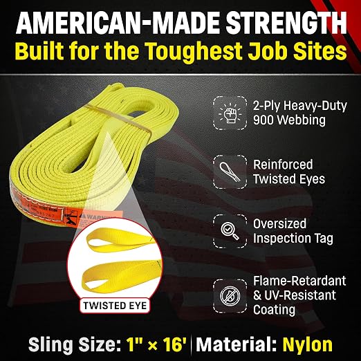 DD Sling 2 Inch x 25 Foot Nylon Lifting Sling – USA Made, 6,400 lb Vertical, 5,100 lb Choker, 12,800 lb Basket – 2-Ply Heavy Duty 900 Webbing, Type 4 Twisted Eye & Eye Rigging Sling