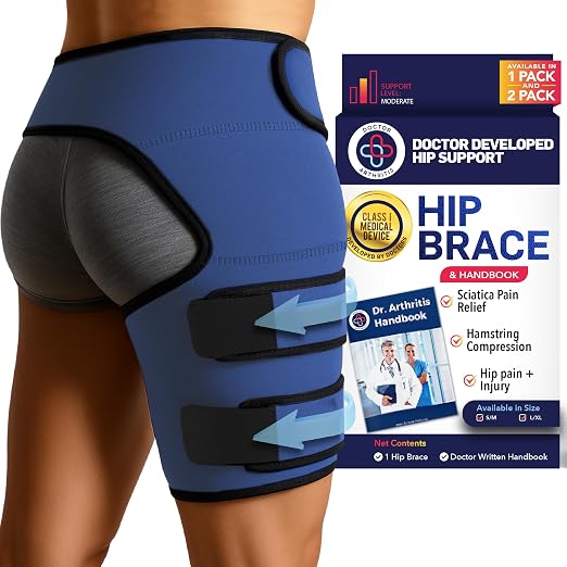 Dr. Arthritis Hip Brace, Adjustable Sciatic Nerve Brace & Stabilizer for Pulled Muscles & Injury Recovery, Hamstring Compression Sleeve Support, Sciatica Pain Relief Devices for Men & Women (S/M, Navy)