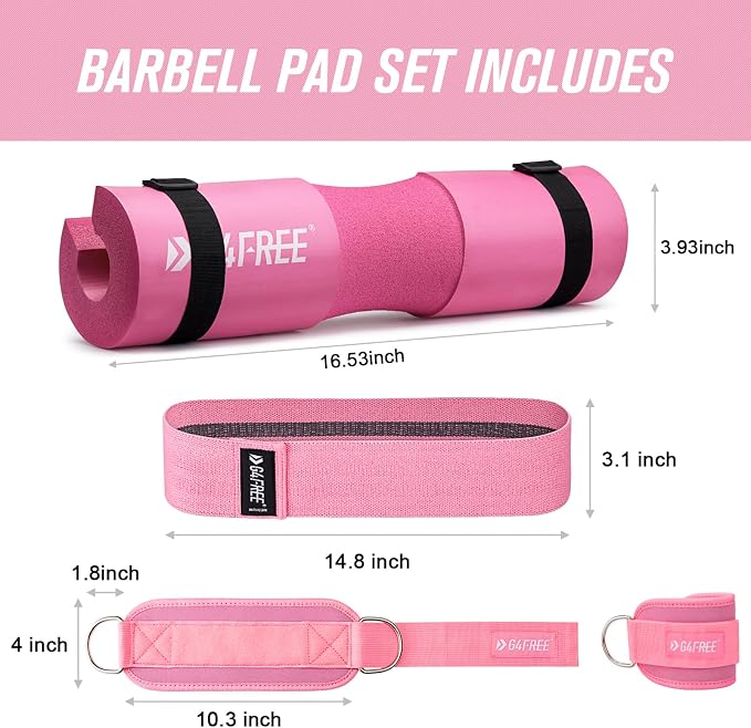 G4Free 7/9Pcs Barbell Pad Set for Squat, Hip Thrusts, Lunges, Leg day | Standard Olympic Bars with 2 Gym Ankle Safety Straps, 3 Hip Resistance Bands, 2 Lifting Strap, Barbell Pad, and Carry Bag