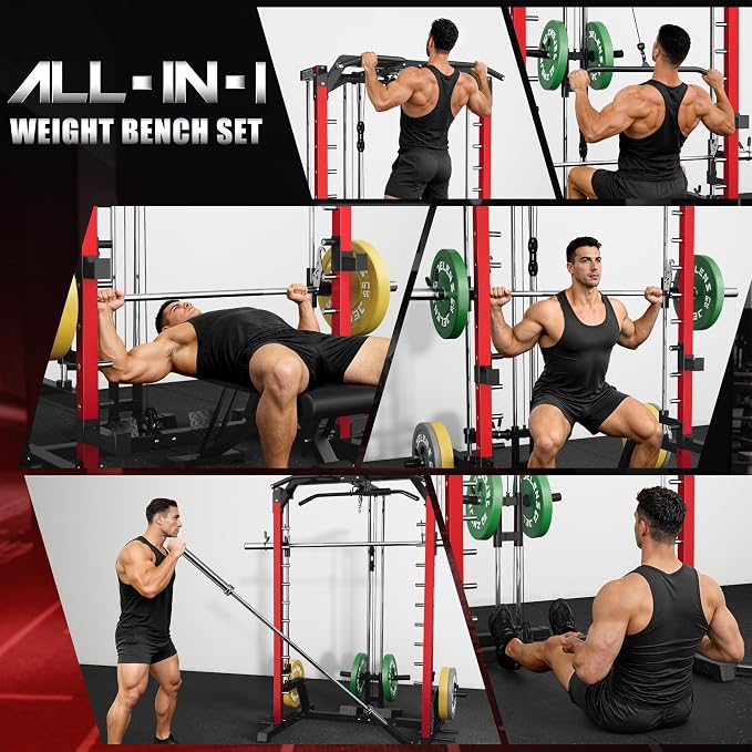 SR01 Smith Machine, 2000LBS Multi-Function Power Cage with LAT Pulldown System, All-in-One Home Gym Squat Rack with Smith Bar and Training Attachments for Full Body Workouts