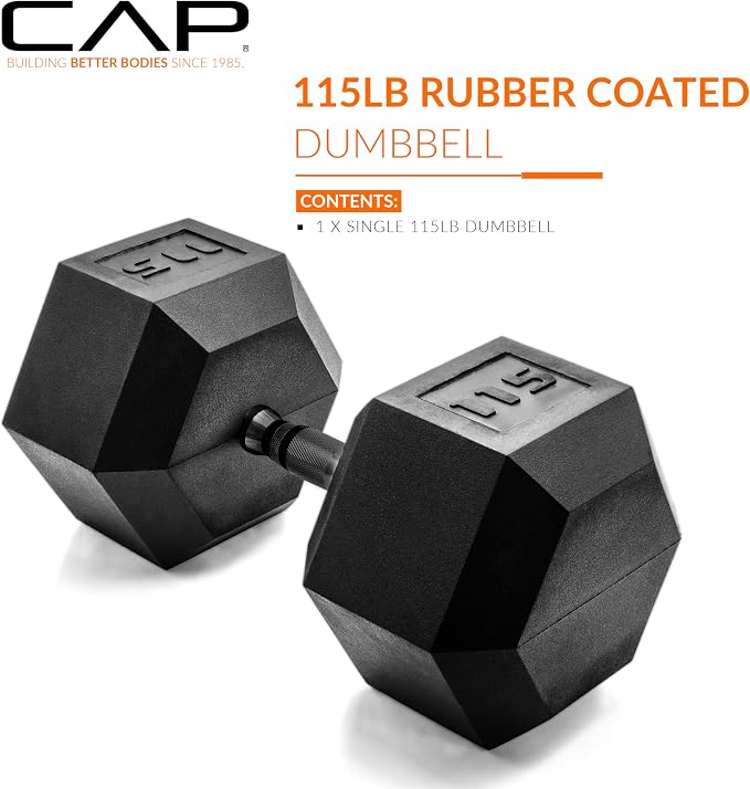 CAP Rubber Coated Dumbbell Weights, Free Weights for Home Gym Strength Training, Anti-Roll Hex Dumbbells with Black, Chrome & Comfort Grip Handles, Singles