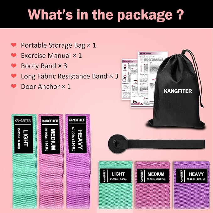 KANGFITER Long and Short 6 Fabric Resistance Bands Set with Door Anchor | Non-Slip Stretch Booty Bands for Working Out Women & Men, Loop Exercise Elastic Bands for Home Physical Therapy Yoga Pilates