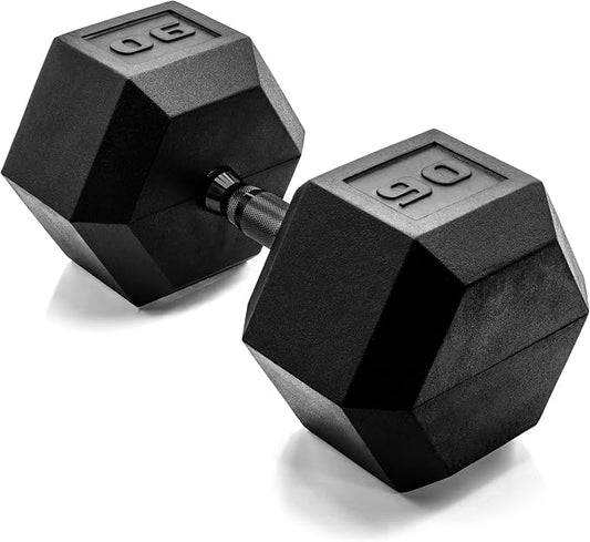 CAP Rubber Coated Dumbbell Weights, Free Weights for Home Gym Strength Training, Anti-Roll Hex Dumbbells with Black, Chrome & Comfort Grip Handles, Singles