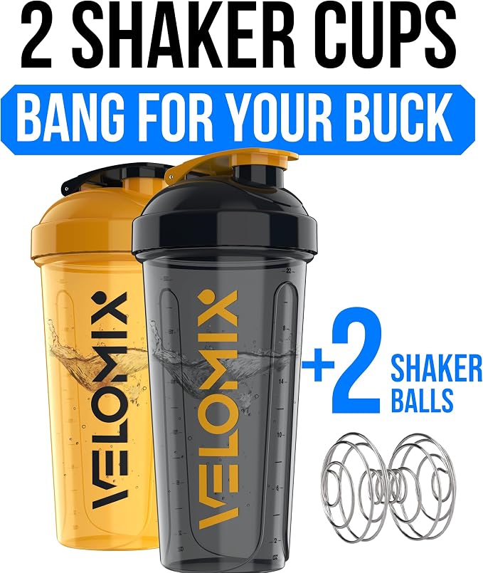 VELOMIX 2 Pack 28oz Protein Shaker Bottle for Protein Mixes, Golden Stone | 2x Wire Whisk, Leak Proof Shaker Cups for Protein Shakes, Stackable, Dishwasher safe, BPA free, Pre Workout and Fitness ready