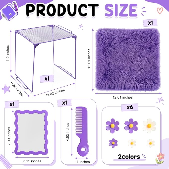 RattanView 10 Pcs Locker accessories Kit Magnetic Acrylic Mirror Plush Rug Small Comb 6 Flower Magnet Locker Organizer for Back to School Teen Student Girl Office Work Lockers Decoration Gift(Purple)