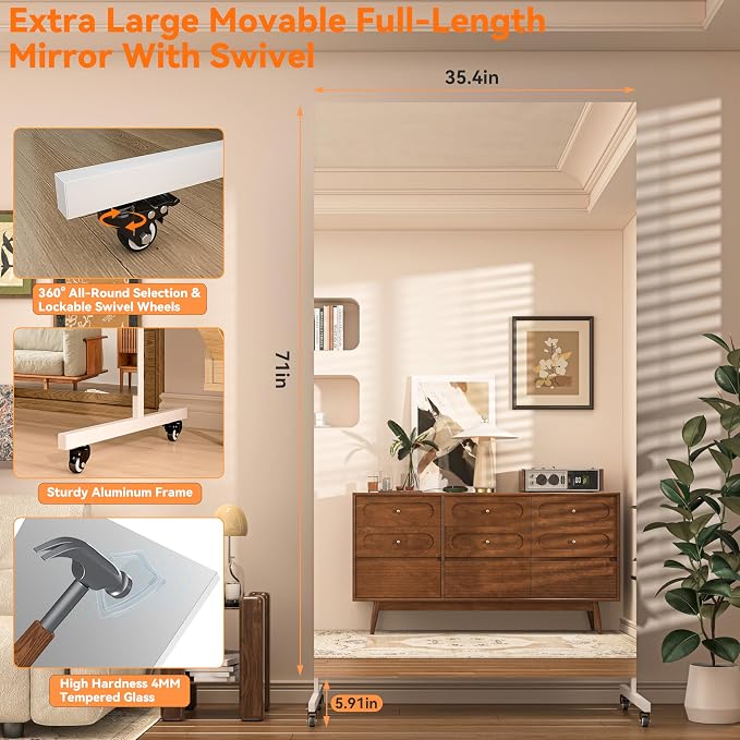 Hasipu 71" x 36" Full Length Floor Mirror on Wheels, White | Tempered glass, sturdy metal frame, smooth rolling casters, removable stand, ideal for gym, bedroom, dance studio & yoga.