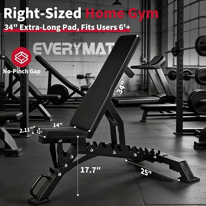 Adjustable Weight Bench, 1200LB Heavy-Duty Capacity Workout Bench with 50mm x70mm Thickened Steel Frame, Adjustment Incline Bench for Home, Gym & Professional Competition,2.1" Thickened Pad, Dual-Track Silent Wheels
