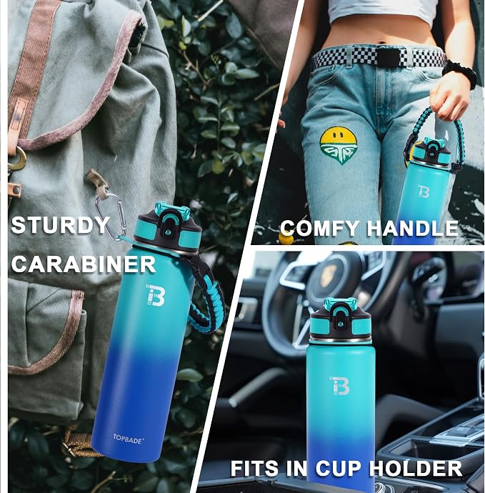 TOPBADE 32oz Insulated Water Bottle with Straw Lid & Spout Lid & Paracord Handle, Stainless Steel Water Bottle Wide Mouth, Double Wall for Women Men Gym Fitness Outdoor