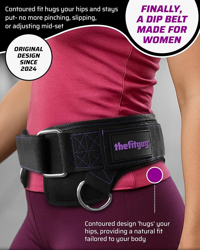 THEFITGUY Women’s Dip Belt for Weighted Dips, Pull-Ups & Belt Squats | Contoured no-pinch dip belt for women’s hips and smaller waists, with buckle closure, 2 straps, and metal hooks